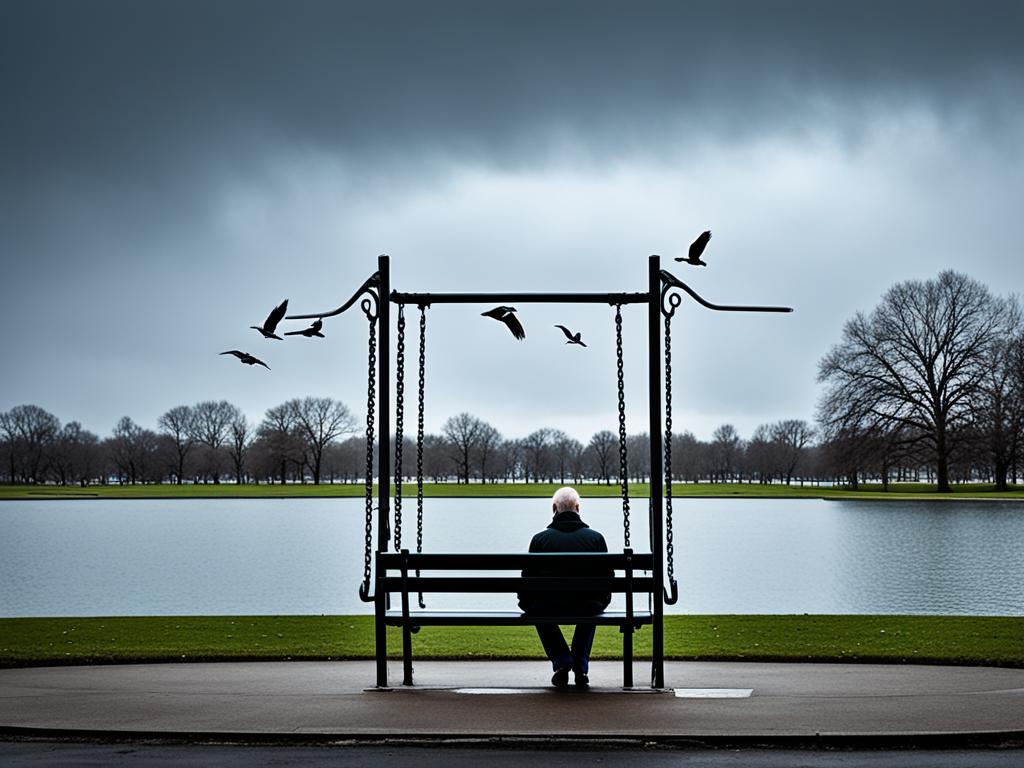 alone vs lonely man sitting alone in front of a lake